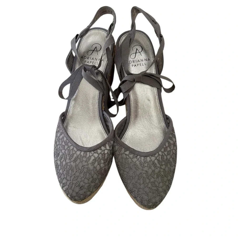 NWOB Adrianna Papell Silver Penny Espadrille Wedge Lace Up Ribbon Ankle Tie 8.5